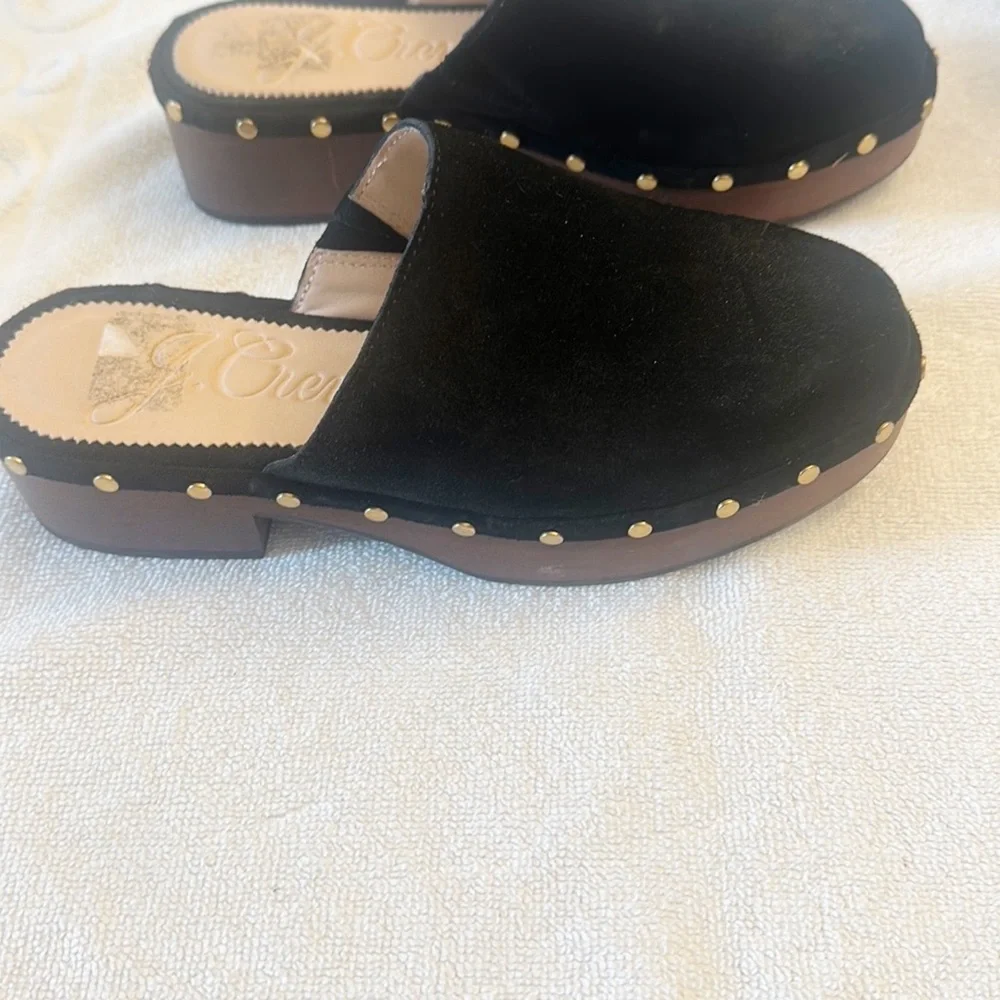 J.Crew Dakota Black Suede Gold mules clogs shoes women size 5